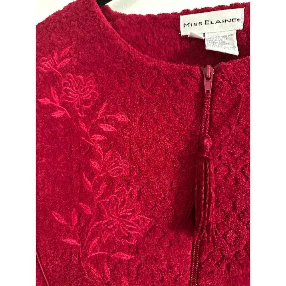 MISS ELAINE Vintage Red Fleece Plush Robe Housedress House Dress Embroidered XL